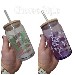 Soda Can Glass Lid & Straw Cute Spring Print Floral CHOOSE Purple or Green